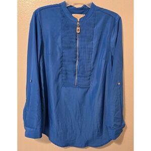 Michael Kors Women's Blue Pleated Blouse With Gold Tone 1/2 Zip Closure Medium